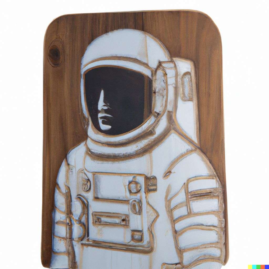 an astronaut, pyrography on a piece of wood